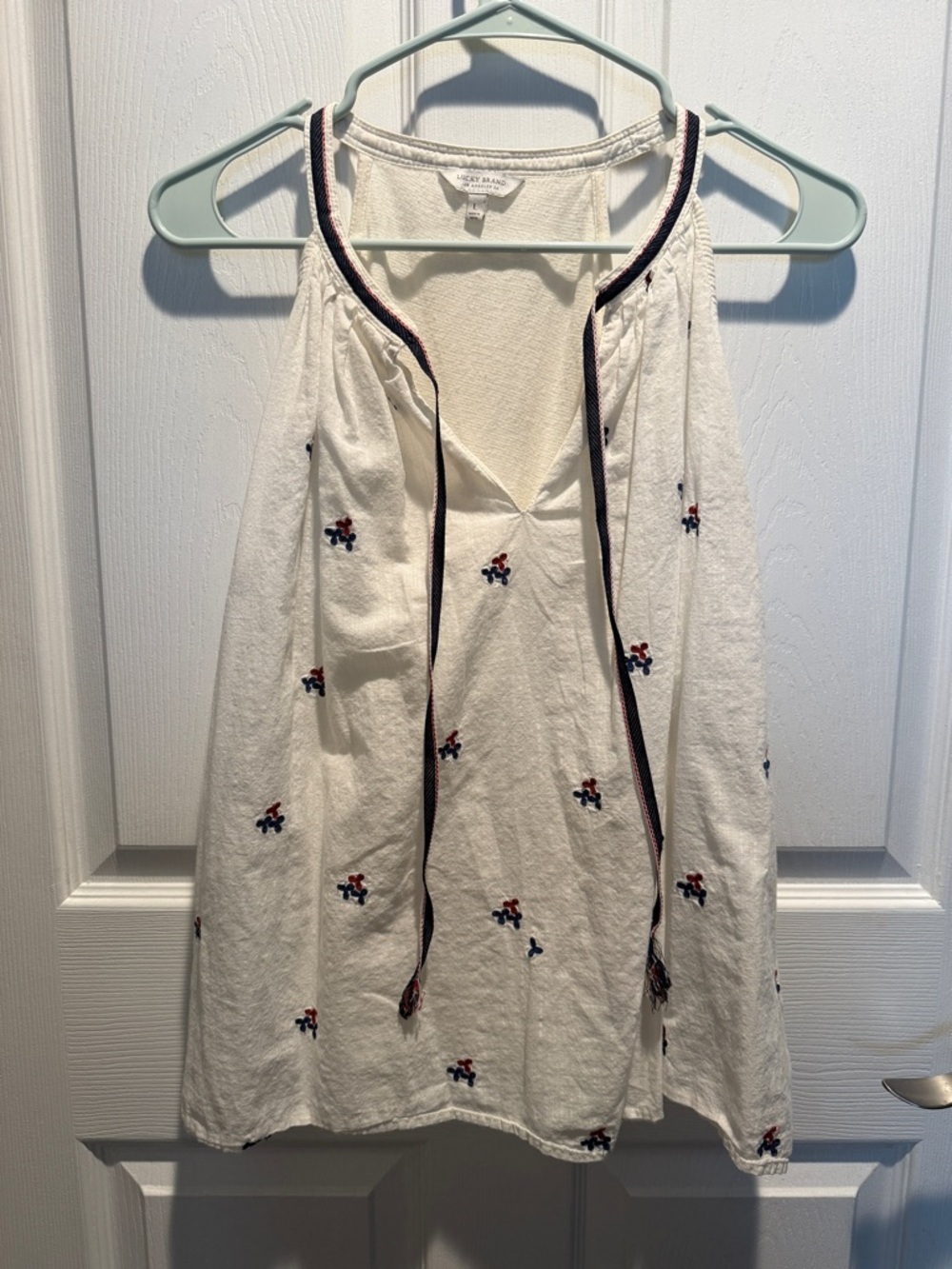 Lucky Brand White Embroidered Halter Tank with Navy Trim